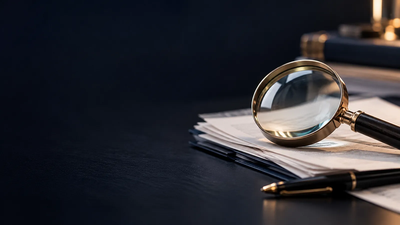 Loupe posée sur une pile de documents à côté d'un stylo plume, sur un fond sombre uni