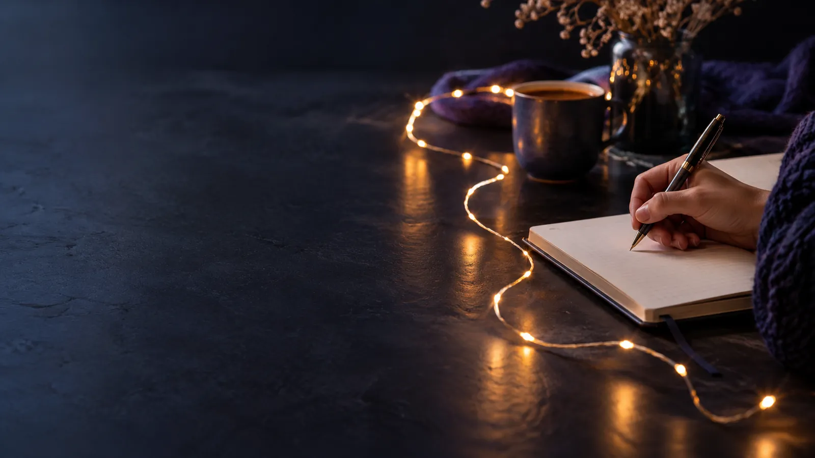 Main écrivant dans un carnet ouvert sur une table sombre éclairée d'une guirlande lumineuse, premières notes avant un audit SEO