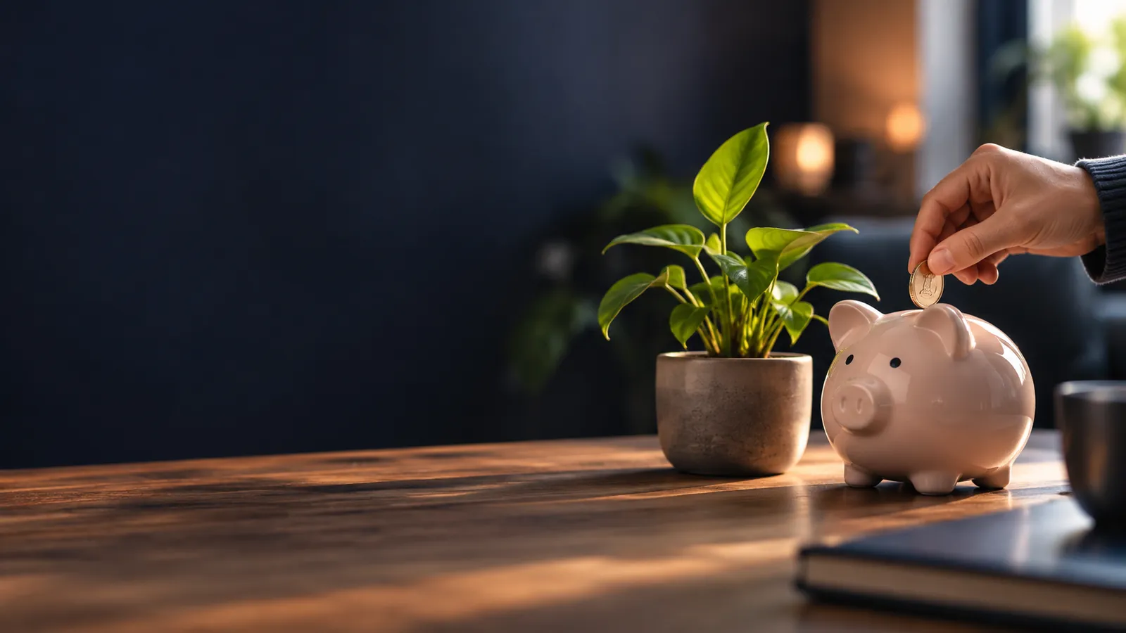 Main glissant une pièce dans une tirelire en forme de cochon, à côté d'une jeune plante verte sur un bureau