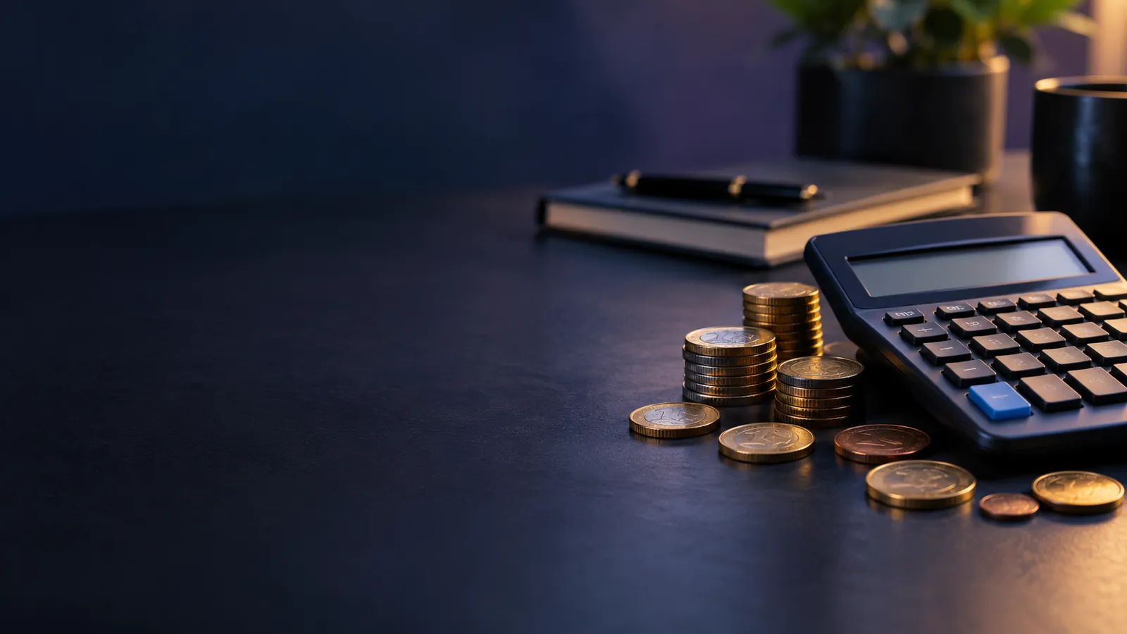 Piles de pièces de monnaie et calculatrice sur un bureau sombre, carnet en arrière-plan, évoquant le budget d'un référencement
