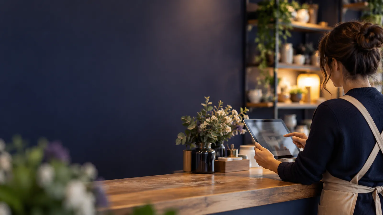 Gérante de boutique vue de dos, en tablier, consultant une tablette accoudée à un comptoir en bois tamisé