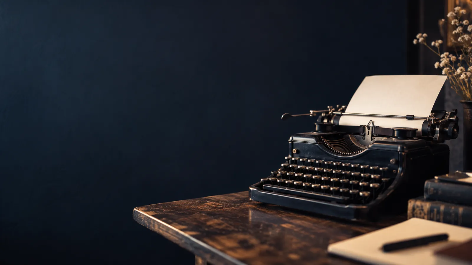 Machine à écrire ancienne avec une feuille blanche engagée sur un bureau en bois patiné, livres et carnet à côté