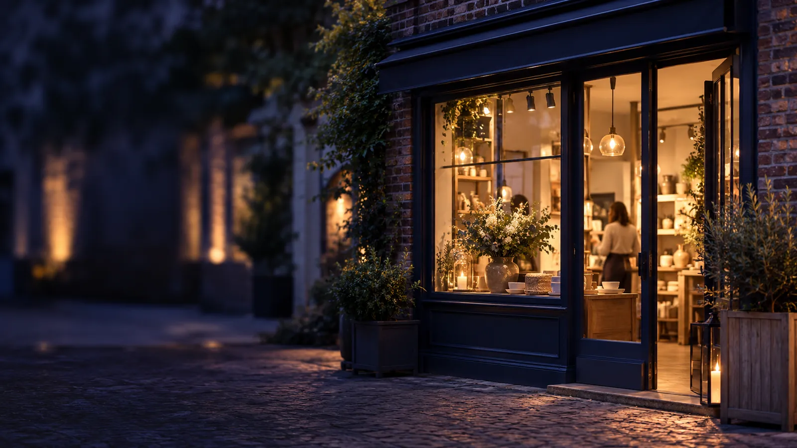 Façade d'une petite boutique en brique au crépuscule, porte vitrée et vitrine éclairée chaleureusement