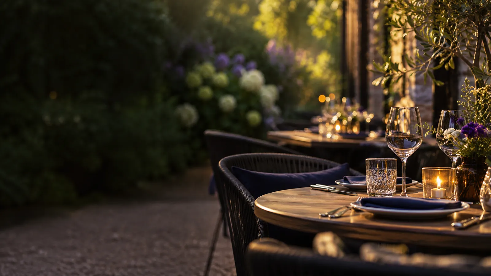Terrasse de restaurant fleurie avec tables dressées, verres à pied et bougies allumées, dans la lumière douce du soir