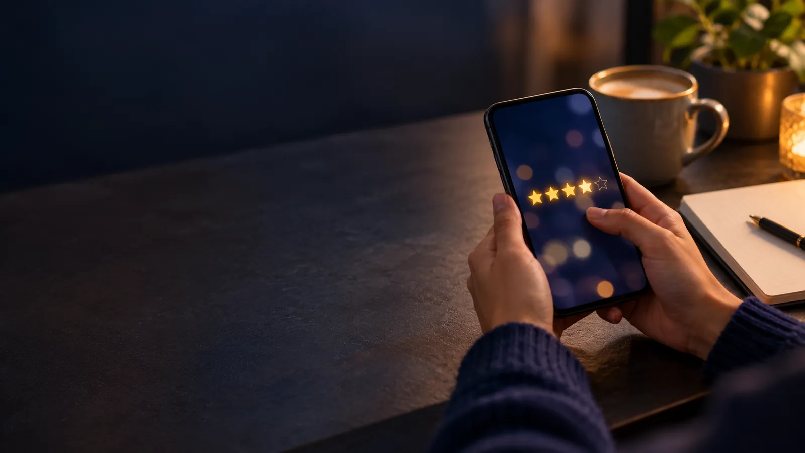 Mains tenant un smartphone affichant une note de quatre étoiles, près d'une tasse de café et d'un carnet