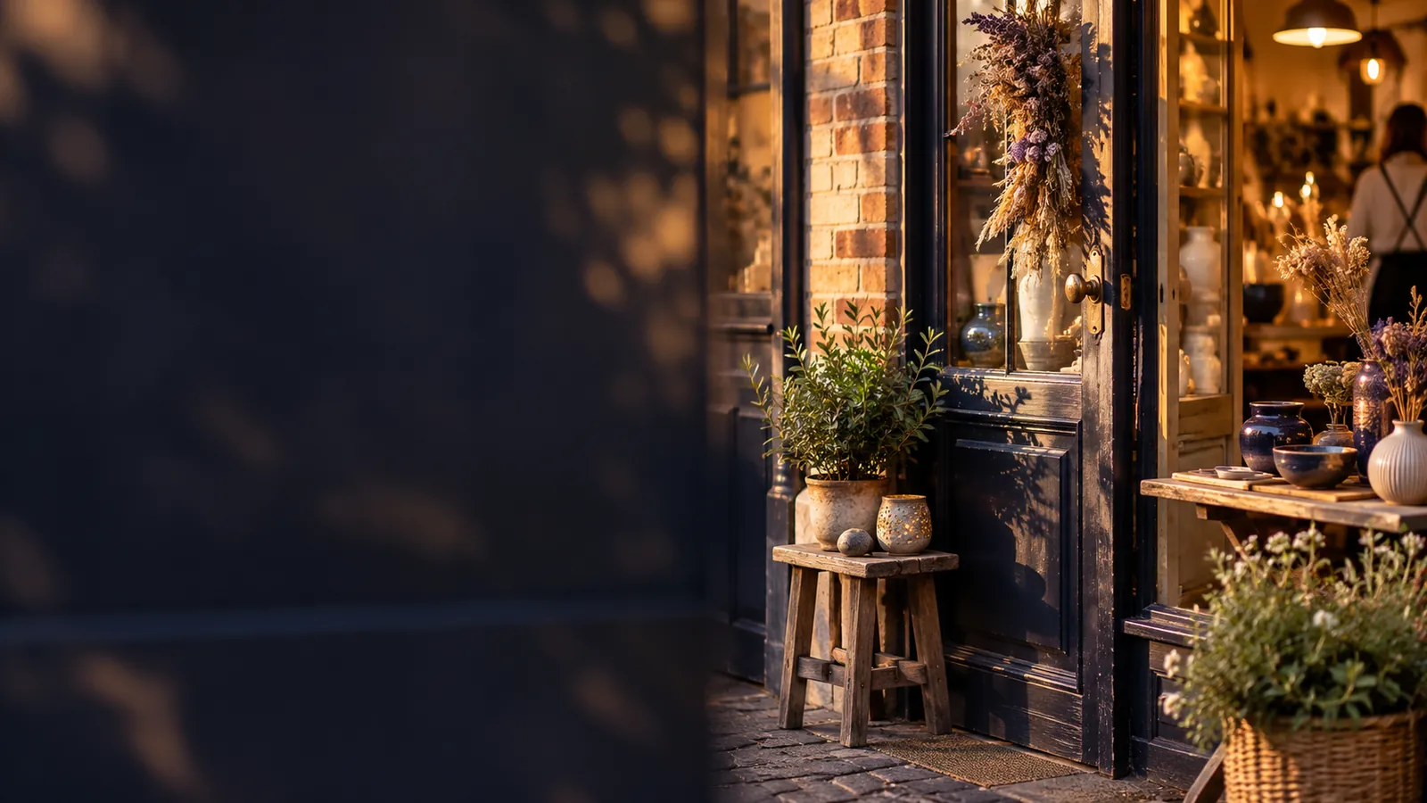 Devanture de boutique indépendante en briques, plantes et céramiques en vitrine, éclairée par le soleil de fin de journée