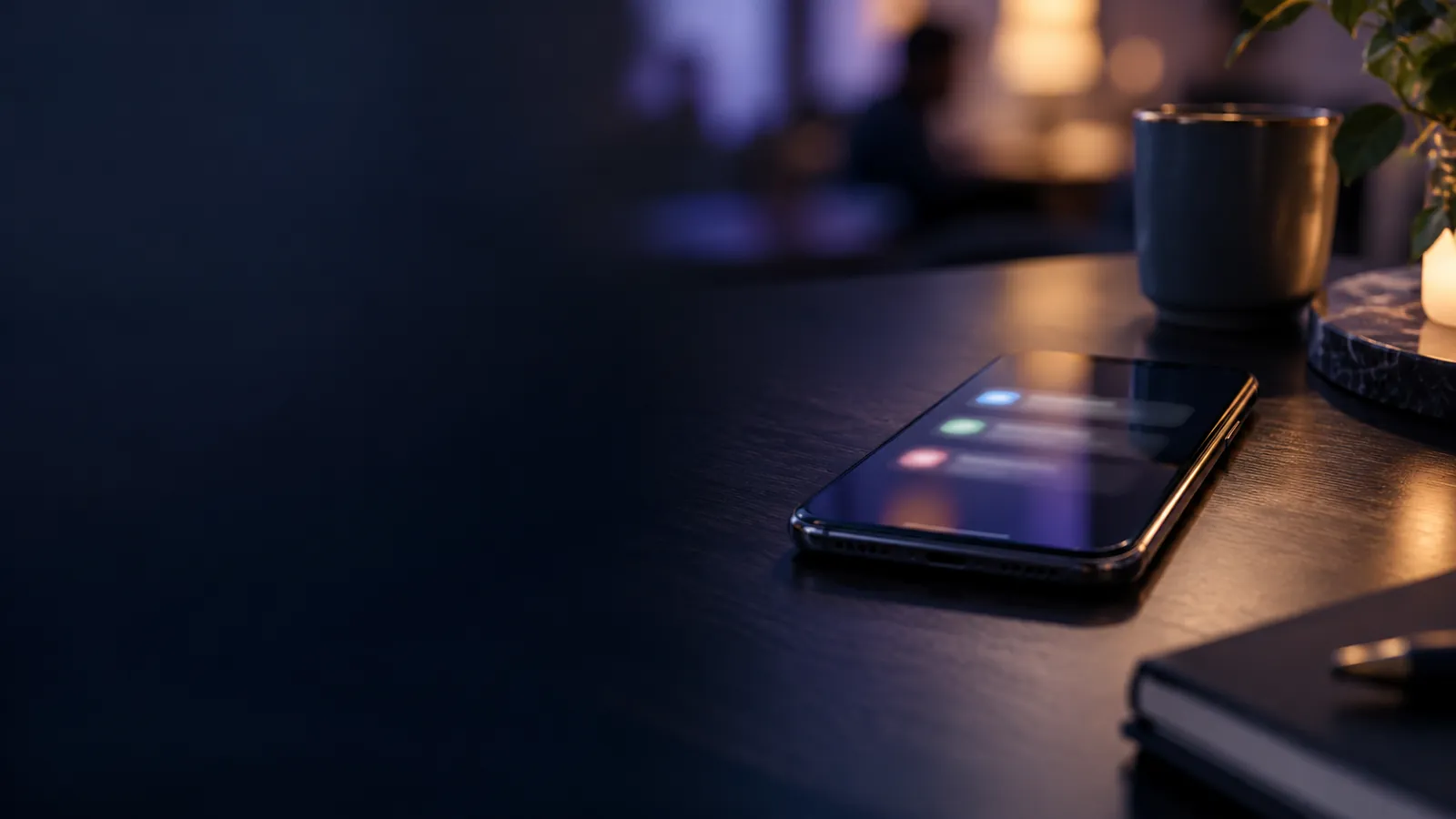 Smartphone posé sur une table en bois avec des notifications floues de réseaux sociaux affichées sur l'écran