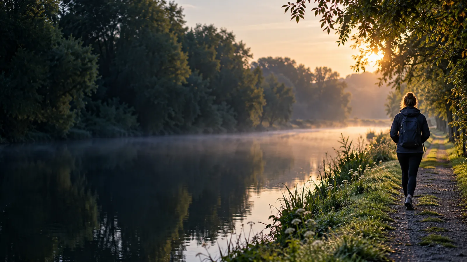Promeneuse vue de dos sur un chemin de halage longeant une rivière brumeuse bordée d'arbres, au lever du soleil