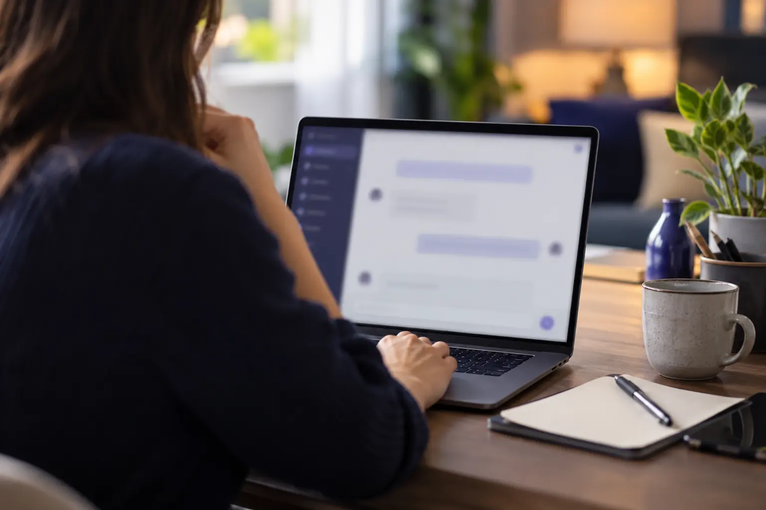 Personne posant une question à un assistant d'intelligence artificielle sur son ordinateur portable