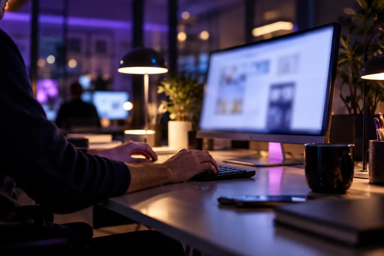 Bureau moderne le soir, écran lumineux et reflets violets, travail sur la visibilité dans les moteurs IA