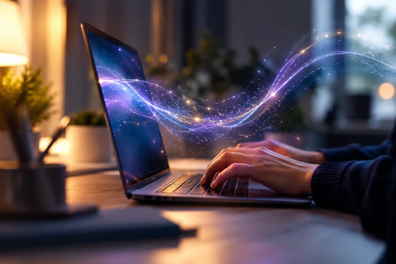 Mains sur le clavier d'un ordinateur portable, flux lumineux abstraits s'échappant de l'écran