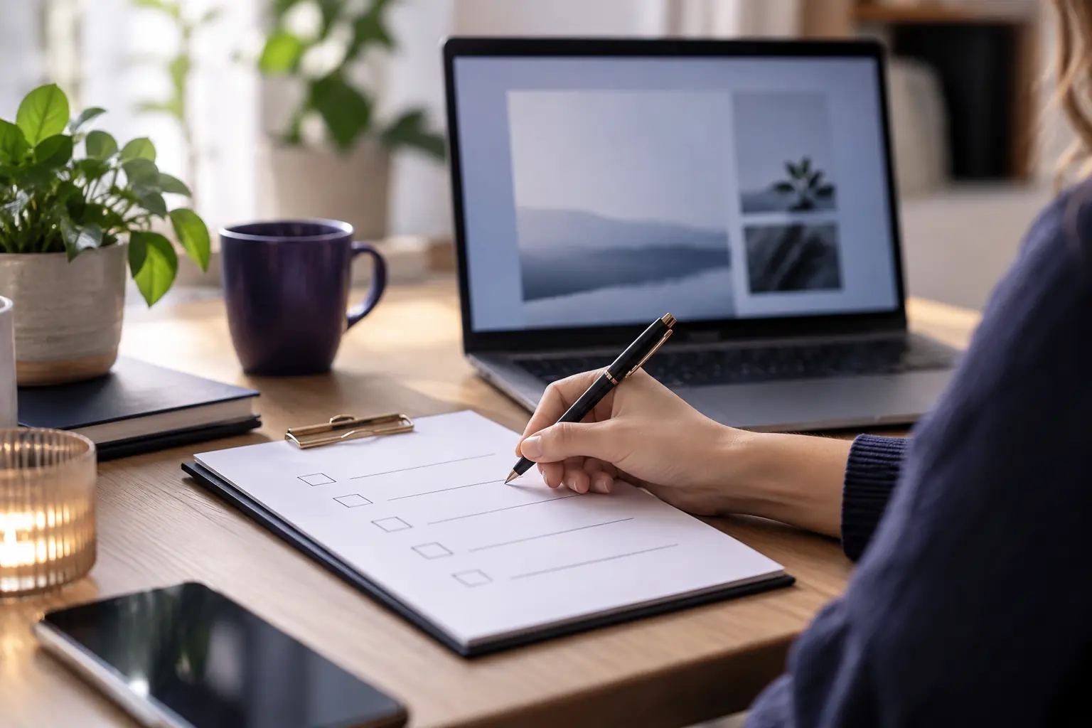 Main cochant une liste de contrôle papier à côté d'un ordinateur portable, préparation d'un audit SEO