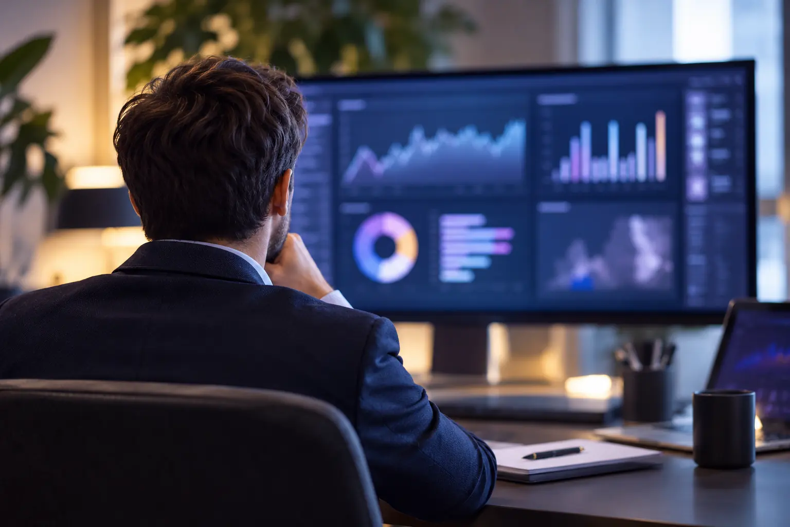Consultant de dos face à un tableau de bord à plusieurs graphiques sur un grand écran