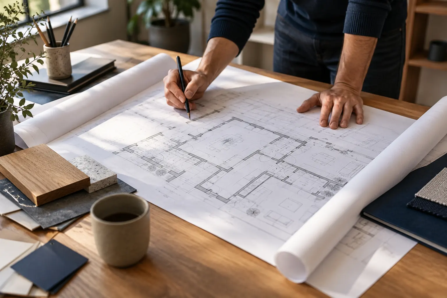 Plan d'architecture déplié sur un bureau en bois, métaphore de la structure d'un site web