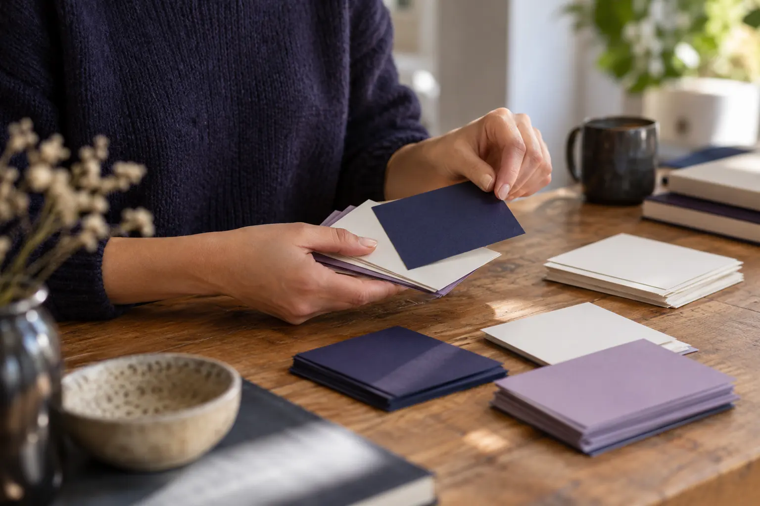 Mains triant des cartes bleu nuit et lilas sur une table en bois, comme pour classer les priorités d'un audit