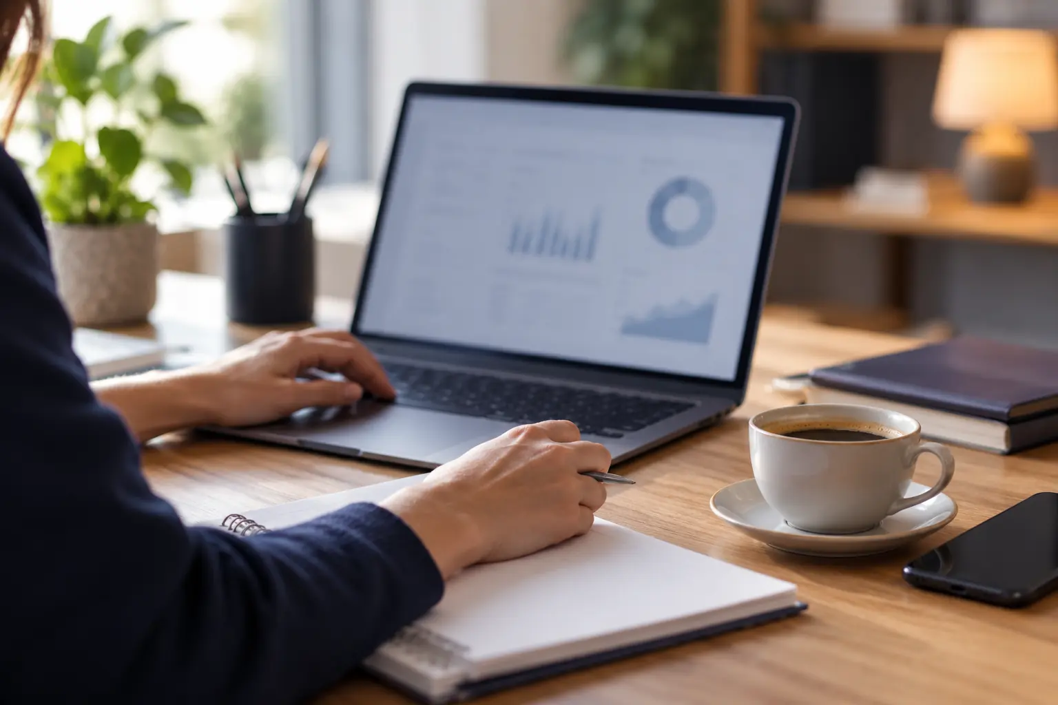 Personne de dos consultant des graphiques d'analyse sur un ordinateur portable en prenant des notes, tasse de café à côté