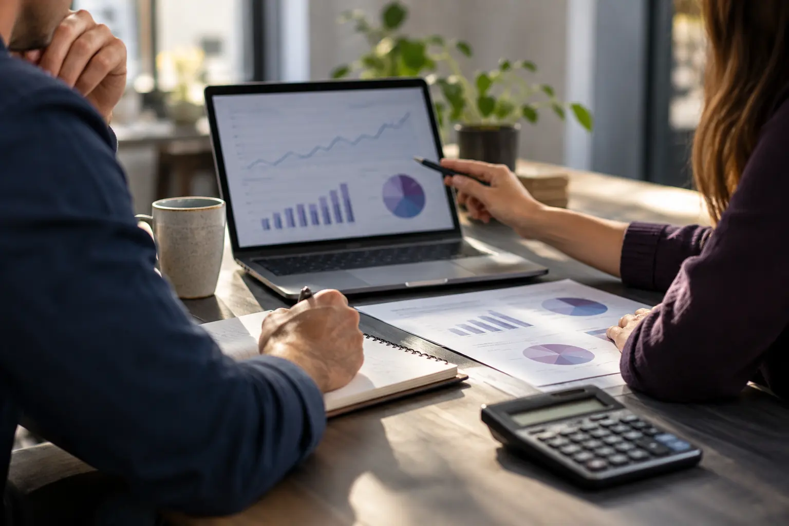Deux personnes analysant des graphiques sur un ordinateur portable et des documents imprimés, avec une calculatrice, pour piloter un budget