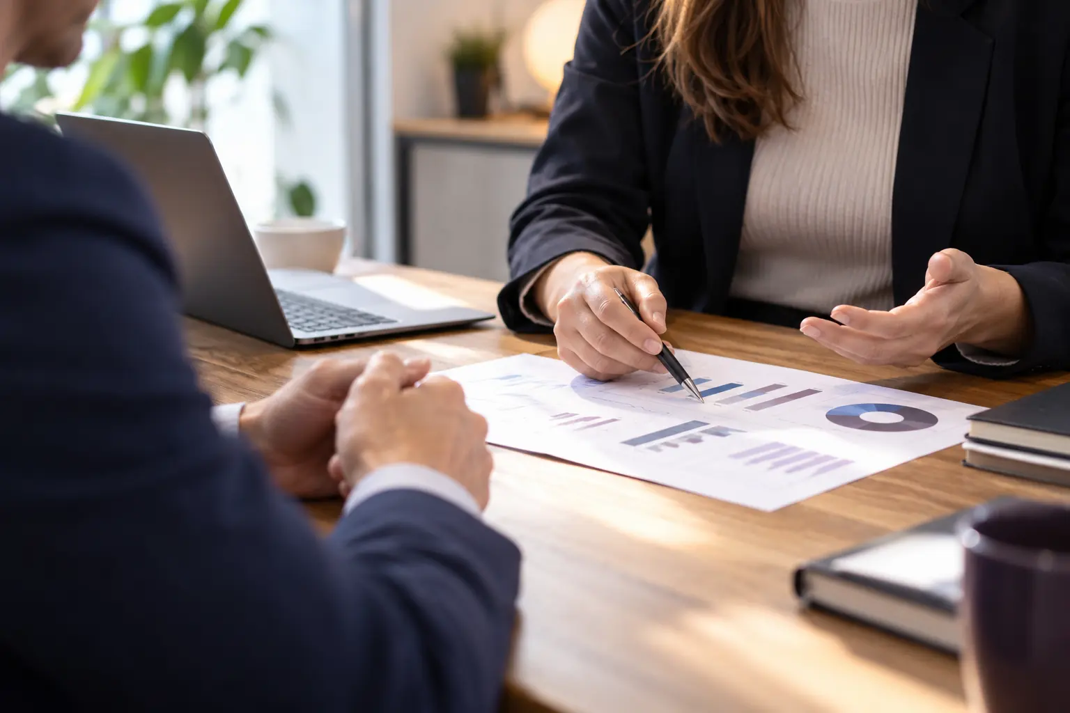 Consultante commentant au stylo un rapport imprimé avec graphiques face à un dirigeant, sur une table de réunion en bois