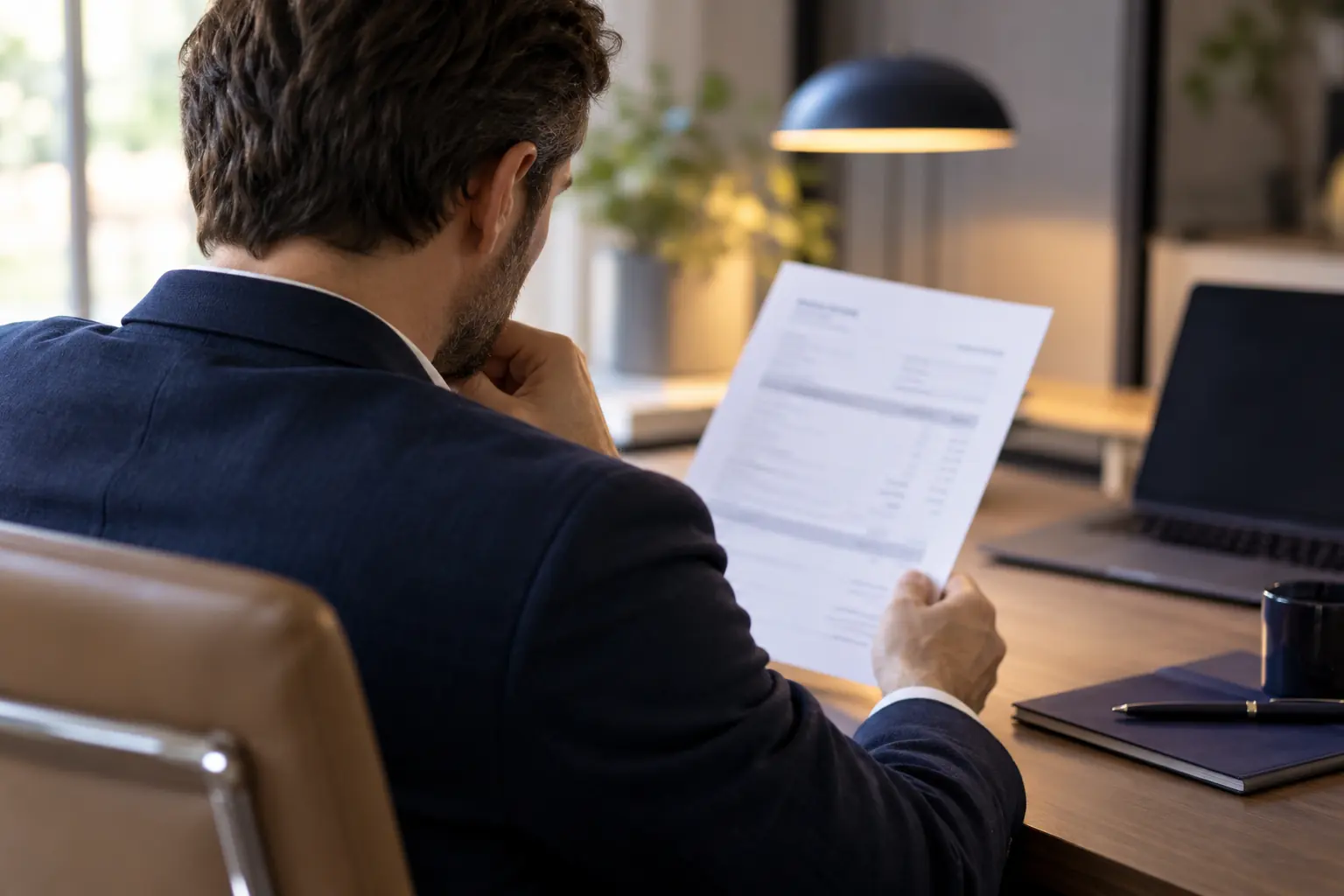 Homme en costume vu de dos étudiant un devis imprimé à son bureau, ordinateur portable et carnet posés devant lui
