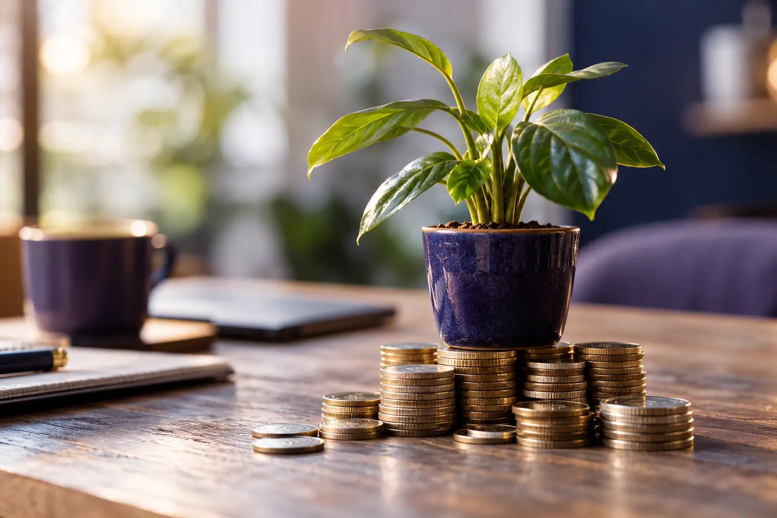 Plante verte en pot derrière des piles de pièces sur une table en bois, image d'un investissement SEO qui fructifie