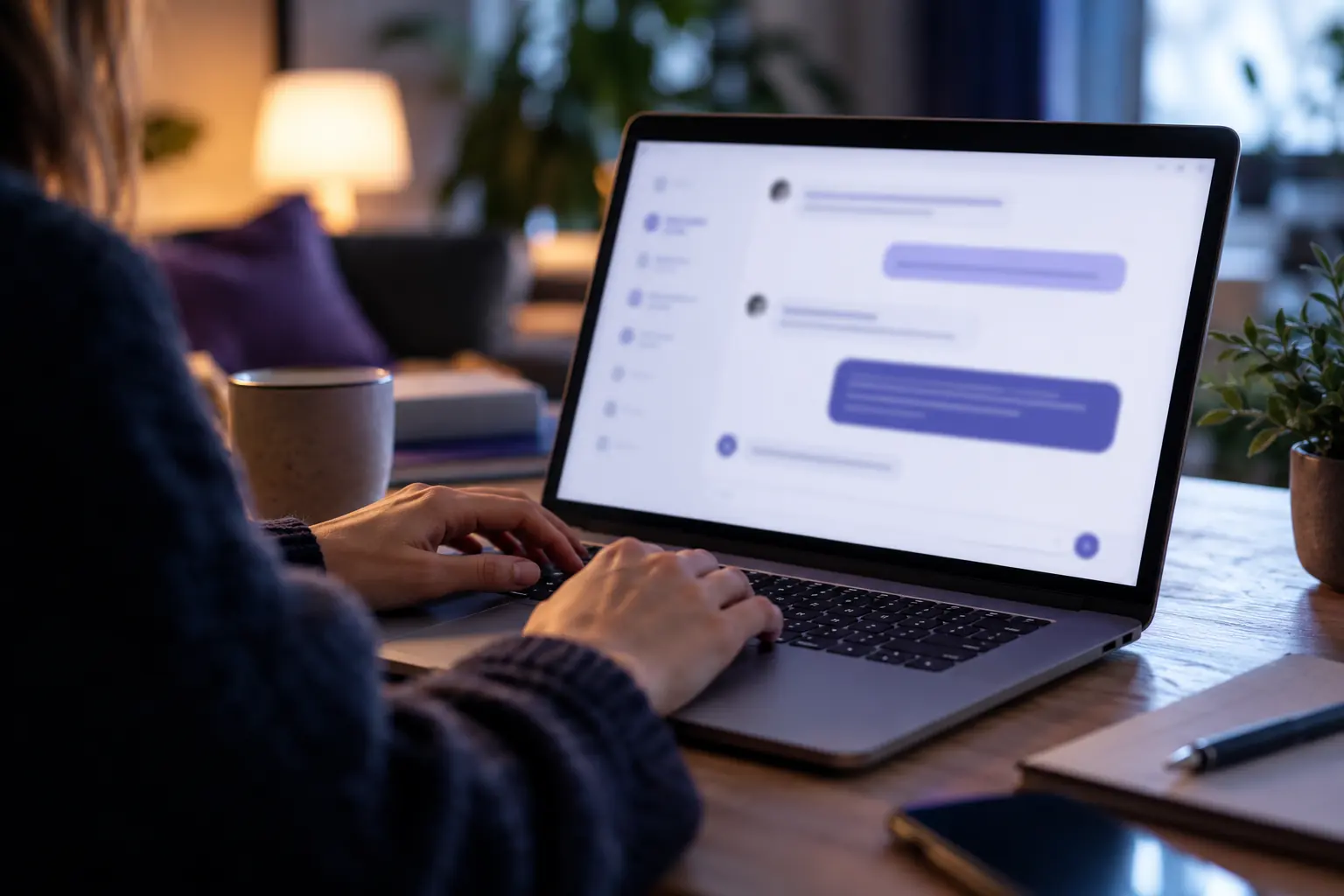 Personne de dos échangeant avec un assistant conversationnel d'IA sur son ordinateur portable, bulles de dialogue affichées à l'écran