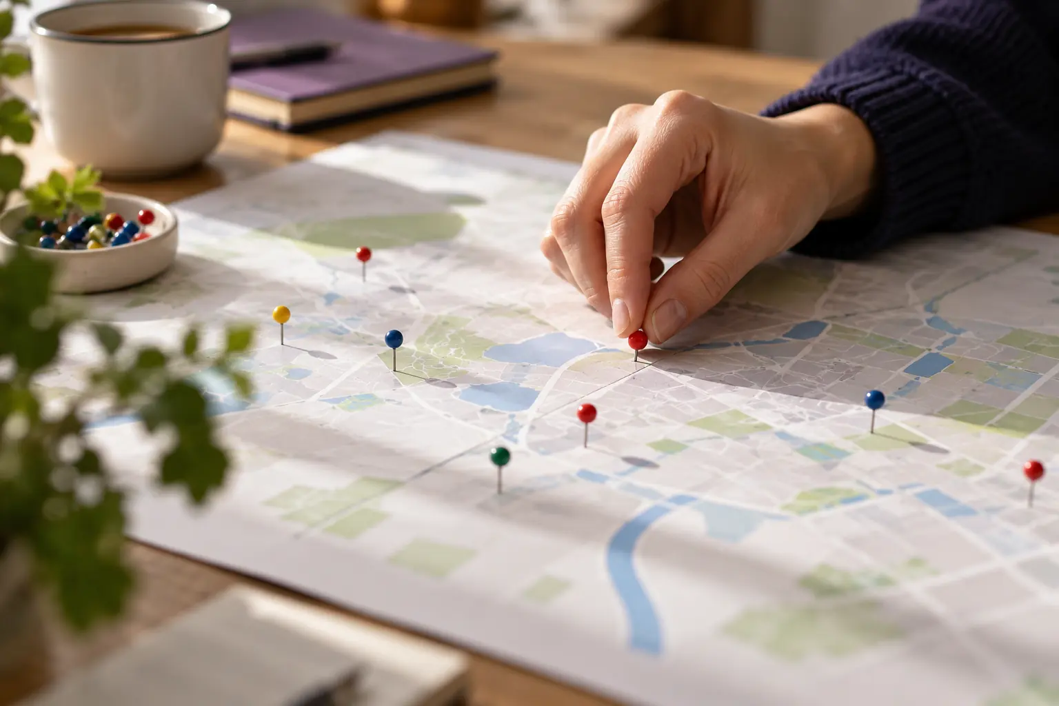 Main plaçant des épingles colorées sur une carte pour repérer une zone de chalandise locale