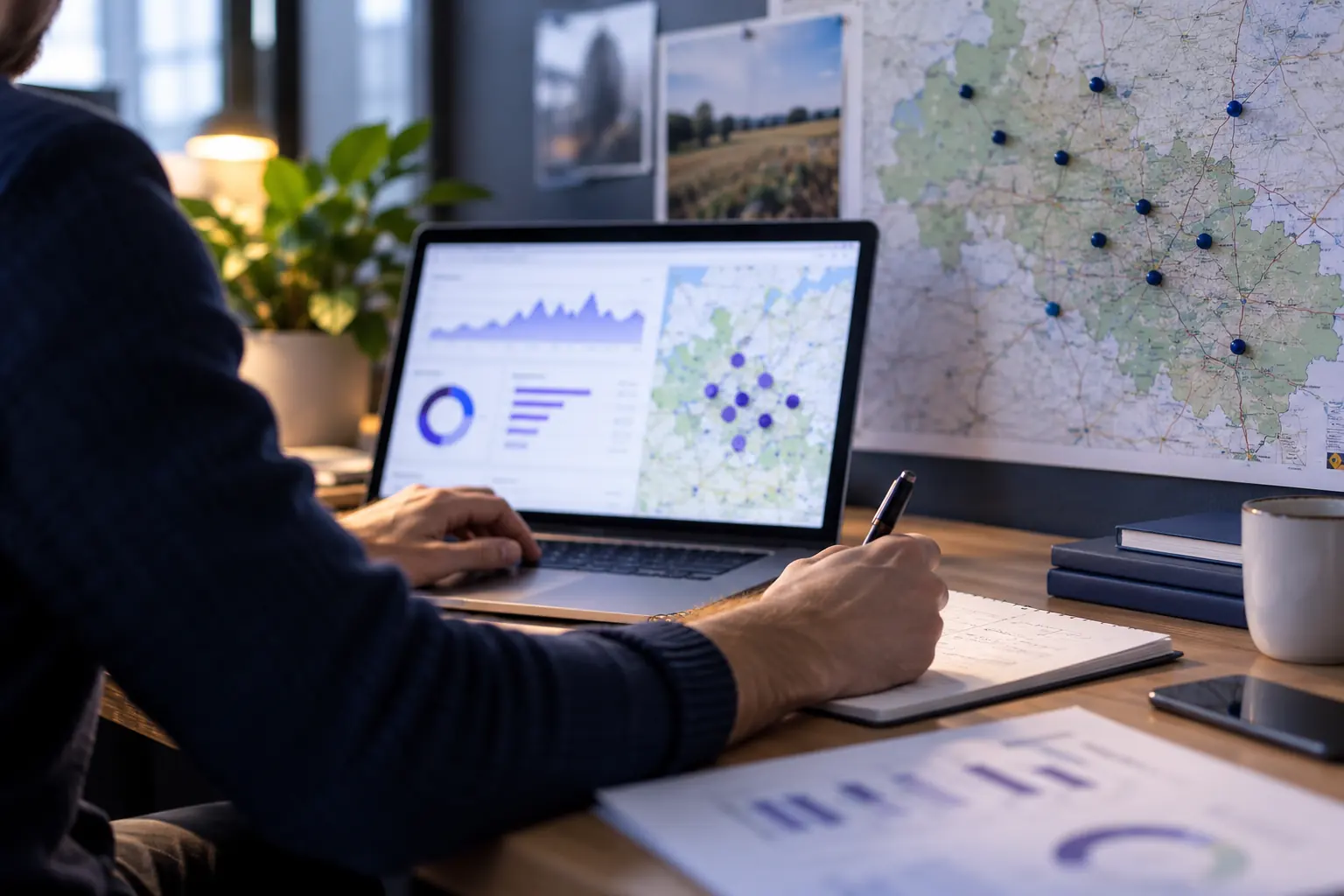 Personne notant dans un carnet devant un ordinateur portable affichant une carte locale, avec une grande carte punaisée au mur