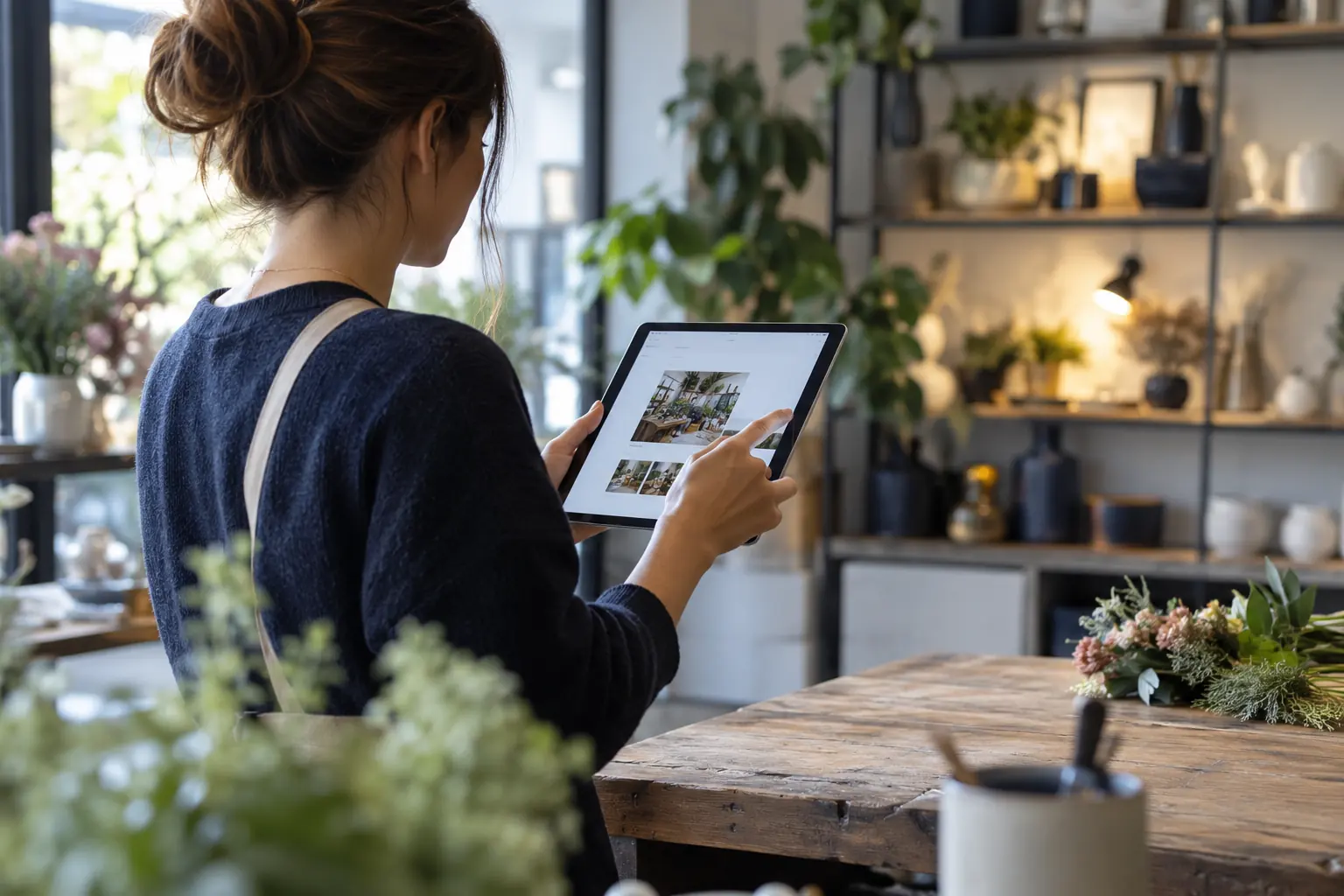 Commerçante vue de dos parcourant les photos de sa fiche d'établissement sur une tablette, entre les étagères de sa boutique