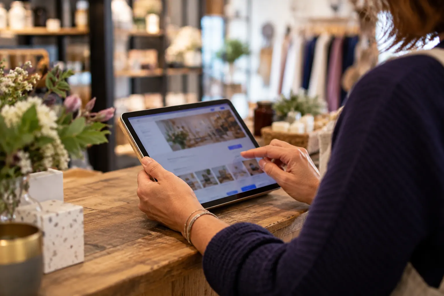Gros plan sur les mains d'une commerçante parcourant une galerie de photos sur une tablette posée sur son comptoir