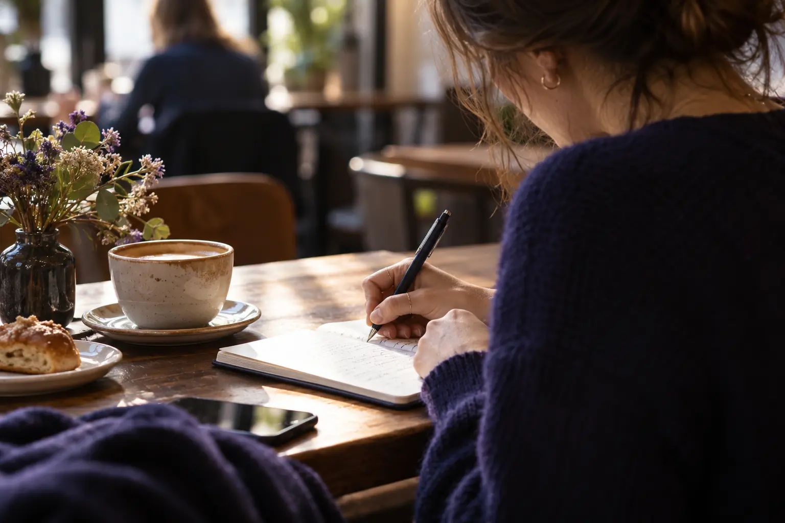 Rédactrice prenant des notes manuscrites dans un café, tasse et viennoiserie posées sur la table