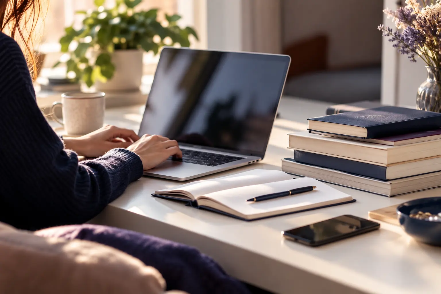 Pile de livres, carnets et ordinateur portable ouvert sur un plan de travail clair et lumineux