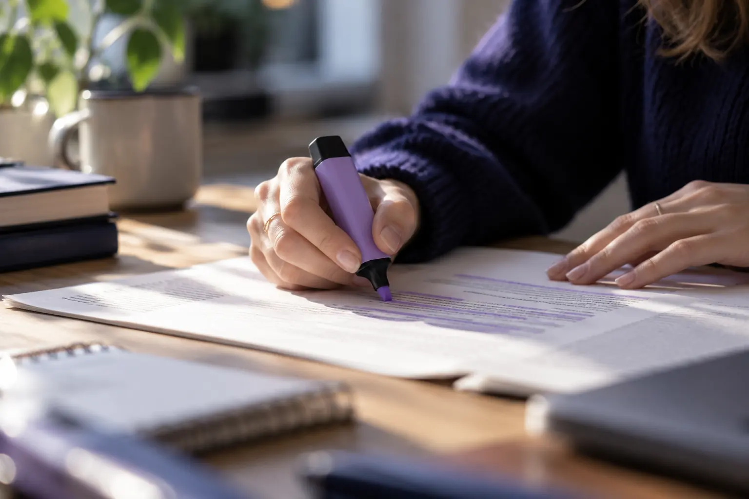 Mains surlignant en violet un texte imprimé, relecture attentive d'un contenu avant publication