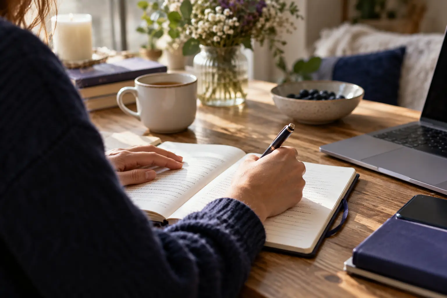 Rédactrice prenant des notes au stylo dans un carnet ouvert, tasse de café, fleurs et ordinateur portable sur la table
