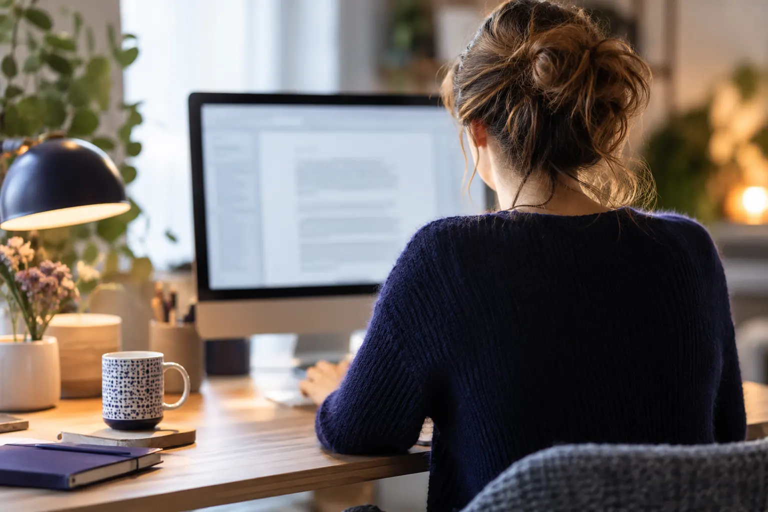 Rédactrice vue de dos écrivant un texte sur un grand écran, à un bureau en bois entouré de plantes