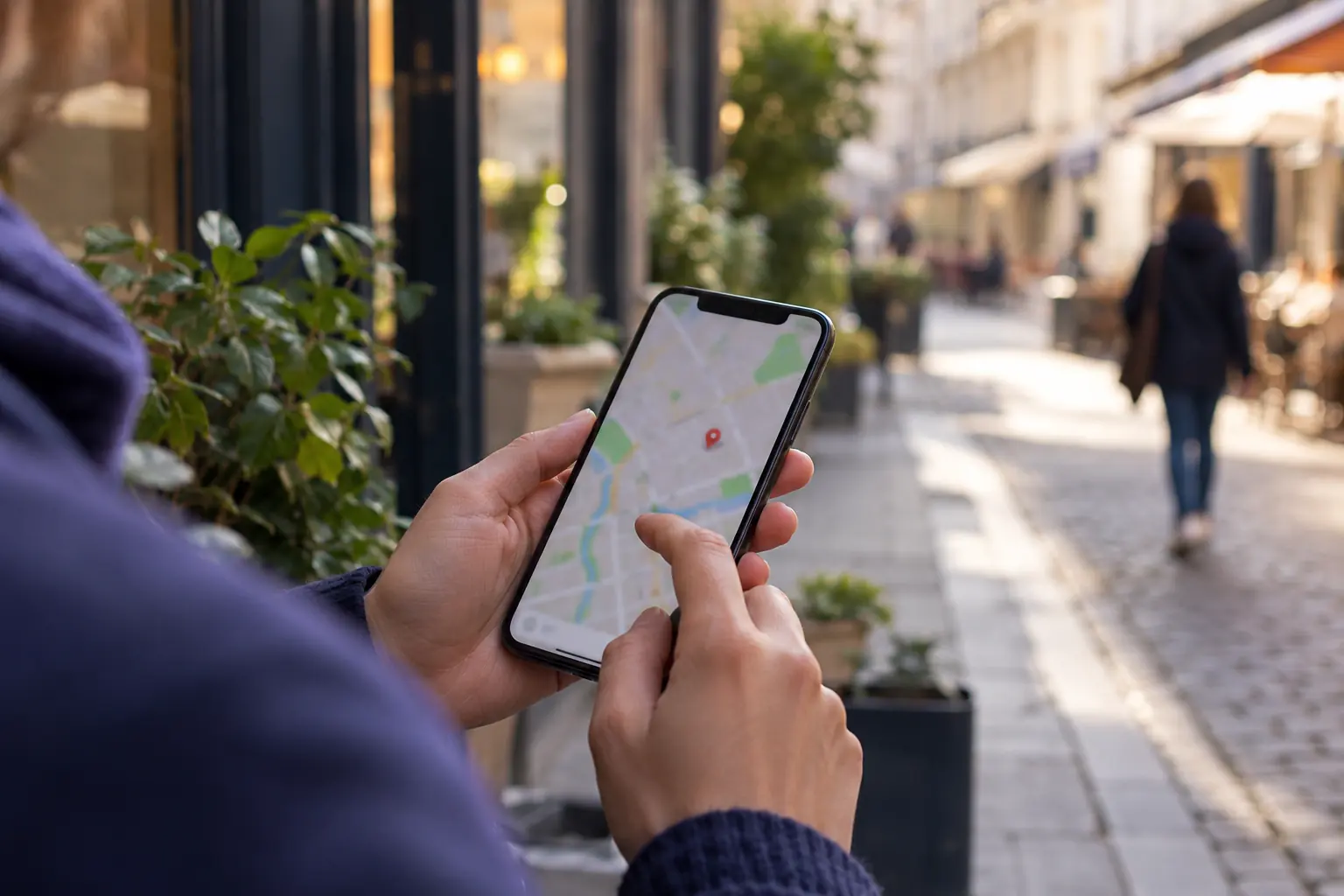 Smartphone affichant une carte avec une épingle, tenu en main dans une rue commerçante pavée