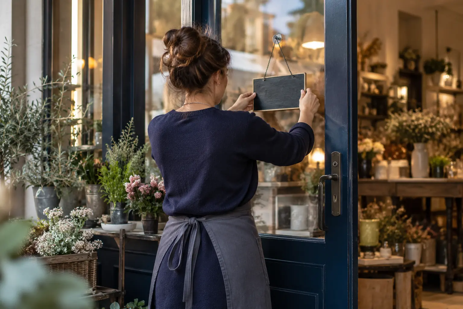 Commerçante de dos devant sa boutique fleurie, retournant l'écriteau de la porte d'entrée