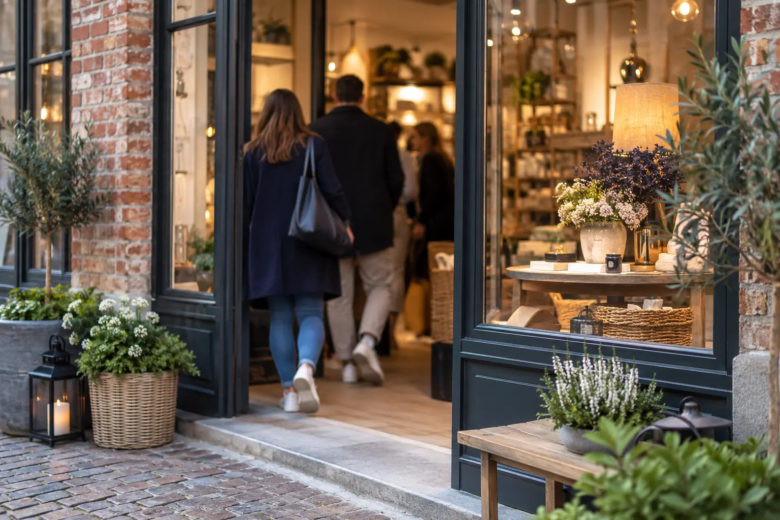 Clients entrant dans une boutique indépendante aux murs de brique, plantes et vitrine éclairée