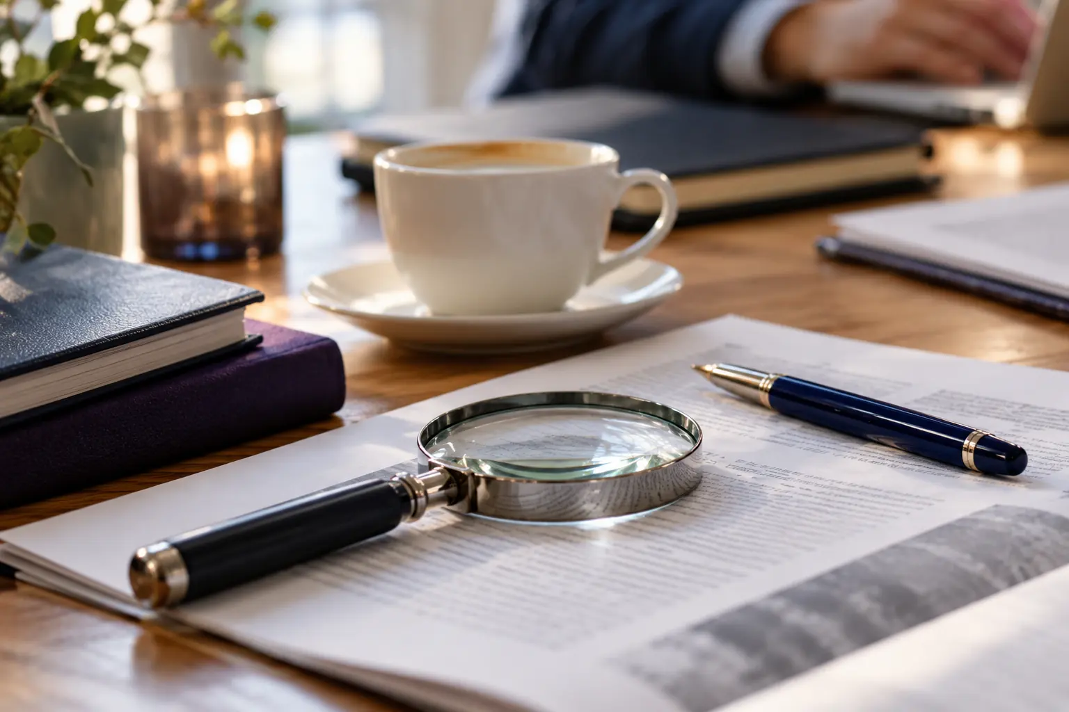 Loupe posée sur des pages imprimées à côté d'un stylo et d'une tasse de café, analyse de contenu