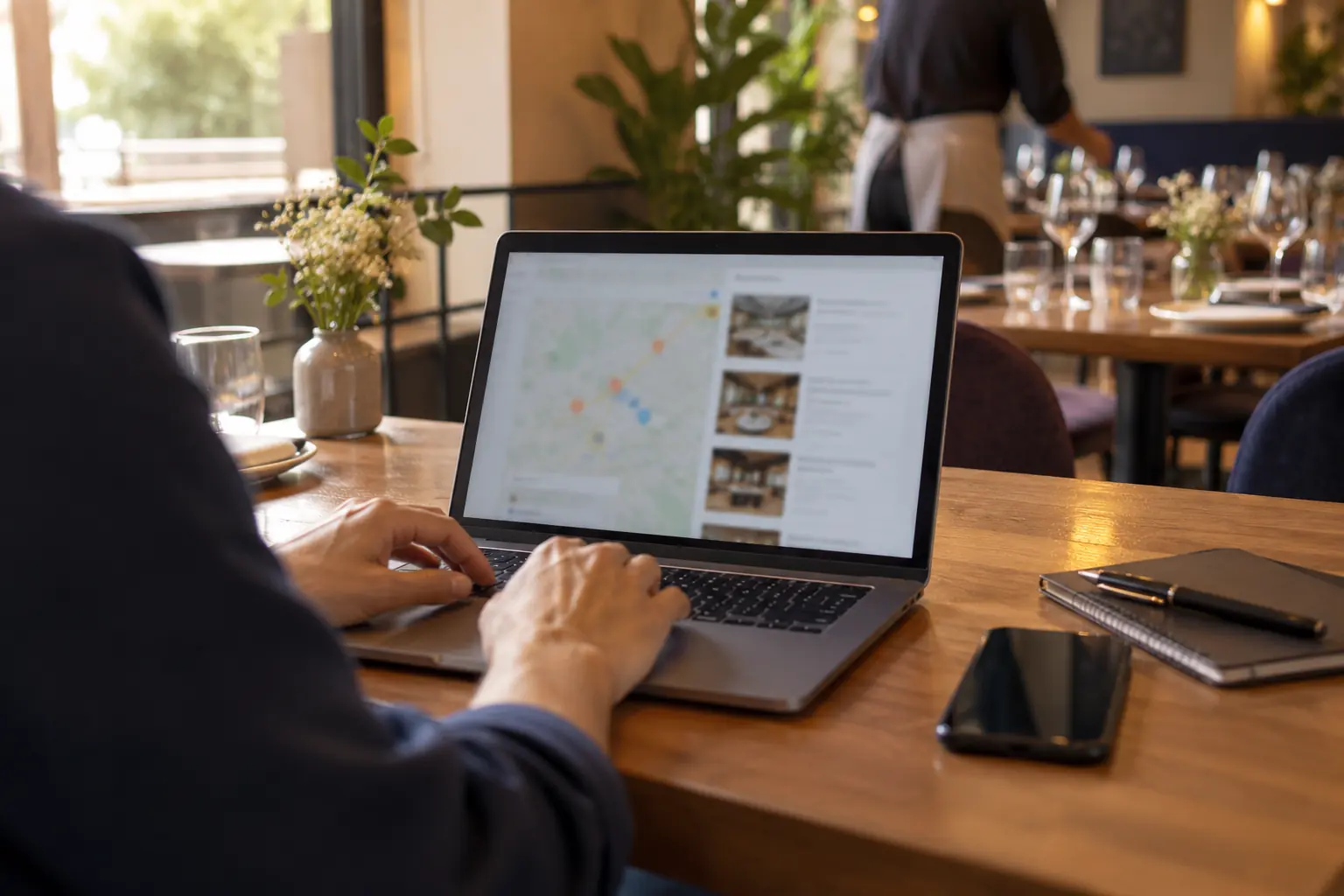 Personne consultant sur un ordinateur portable une carte et des fiches de restaurants, attablée dans une salle de restaurant