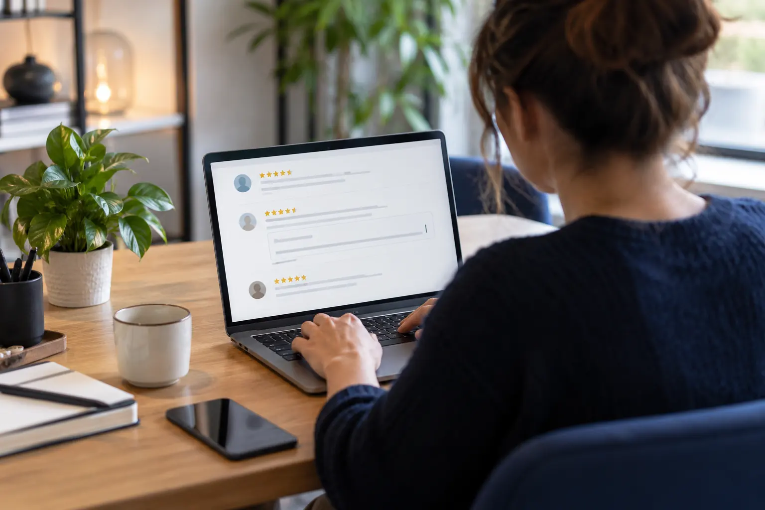 Femme vue de dos parcourant une liste d'avis clients étoilés sur son ordinateur portable, à une table en bois lumineuse
