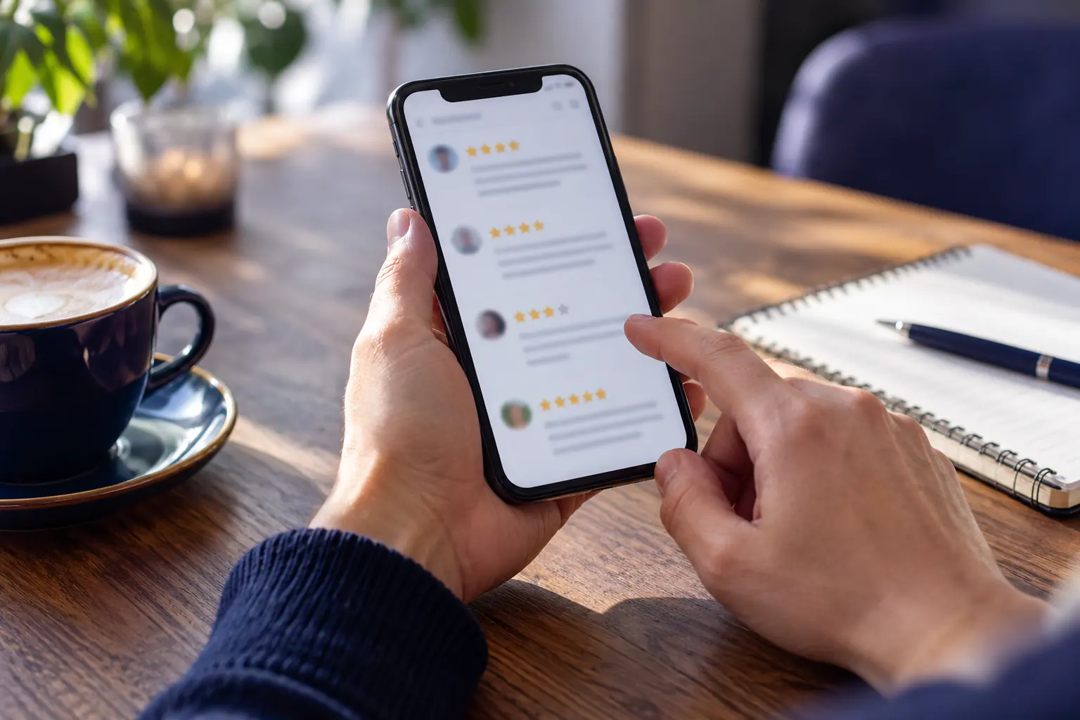 Mains tenant un smartphone affichant une liste d'avis clients étoilés, près d'un cappuccino et d'un carnet sur une table