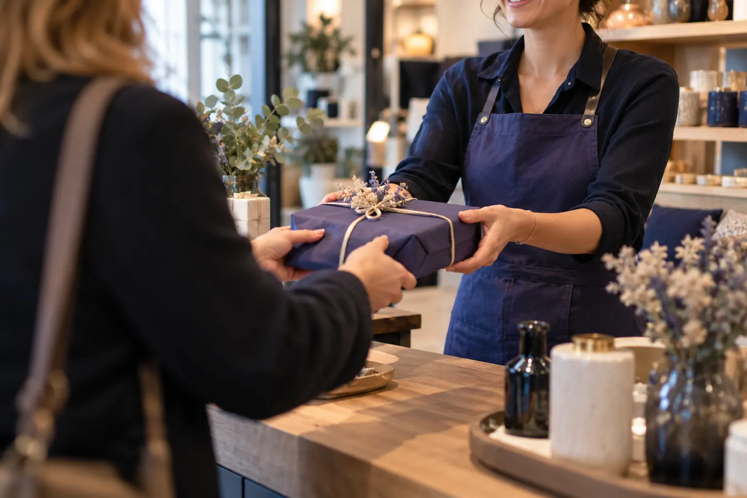 Commerçante en tablier tendant un paquet cadeau emballé à une cliente vue de dos, par-dessus le comptoir de sa boutique