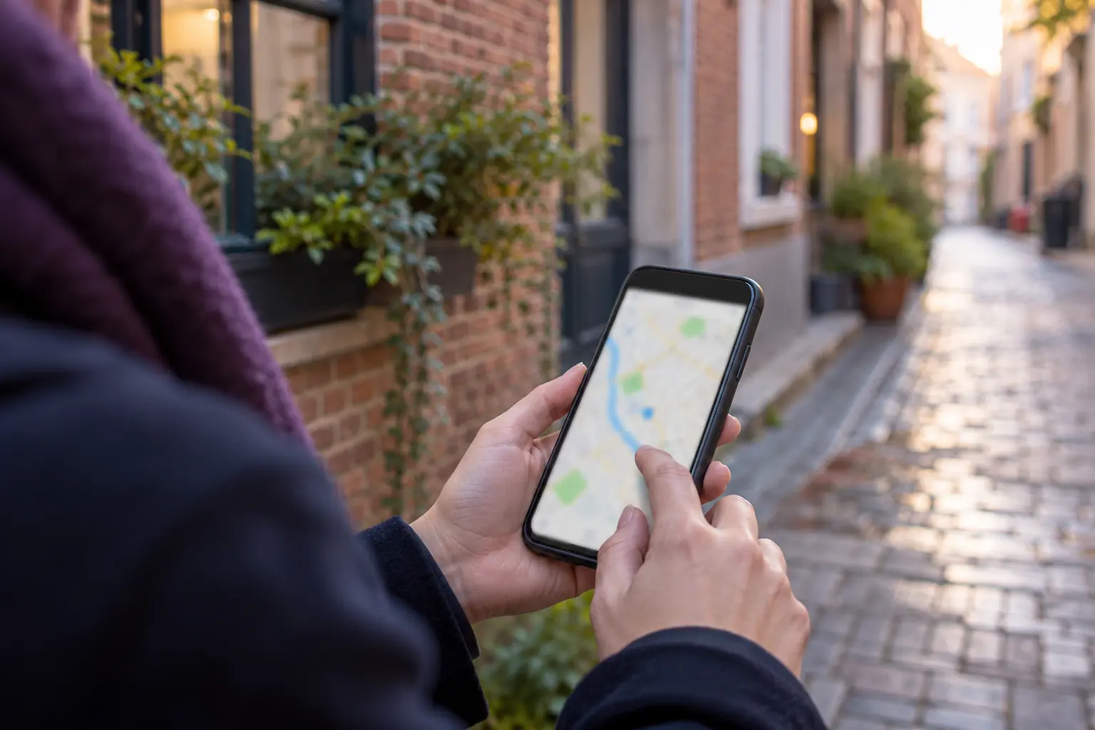 Mains tenant un smartphone affichant une carte de navigation dans une rue pavée bordée de maisons en briques