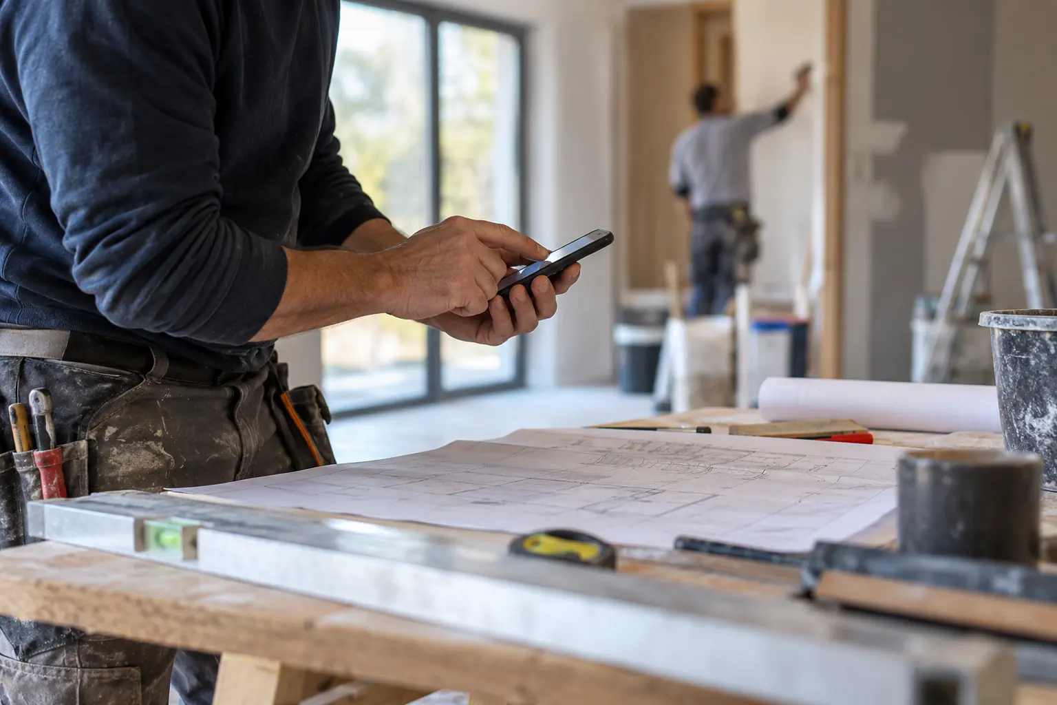 Artisan en tenue de travail consultant son smartphone au-dessus d'un plan posé sur un établi, collègue au travail en arrière-plan