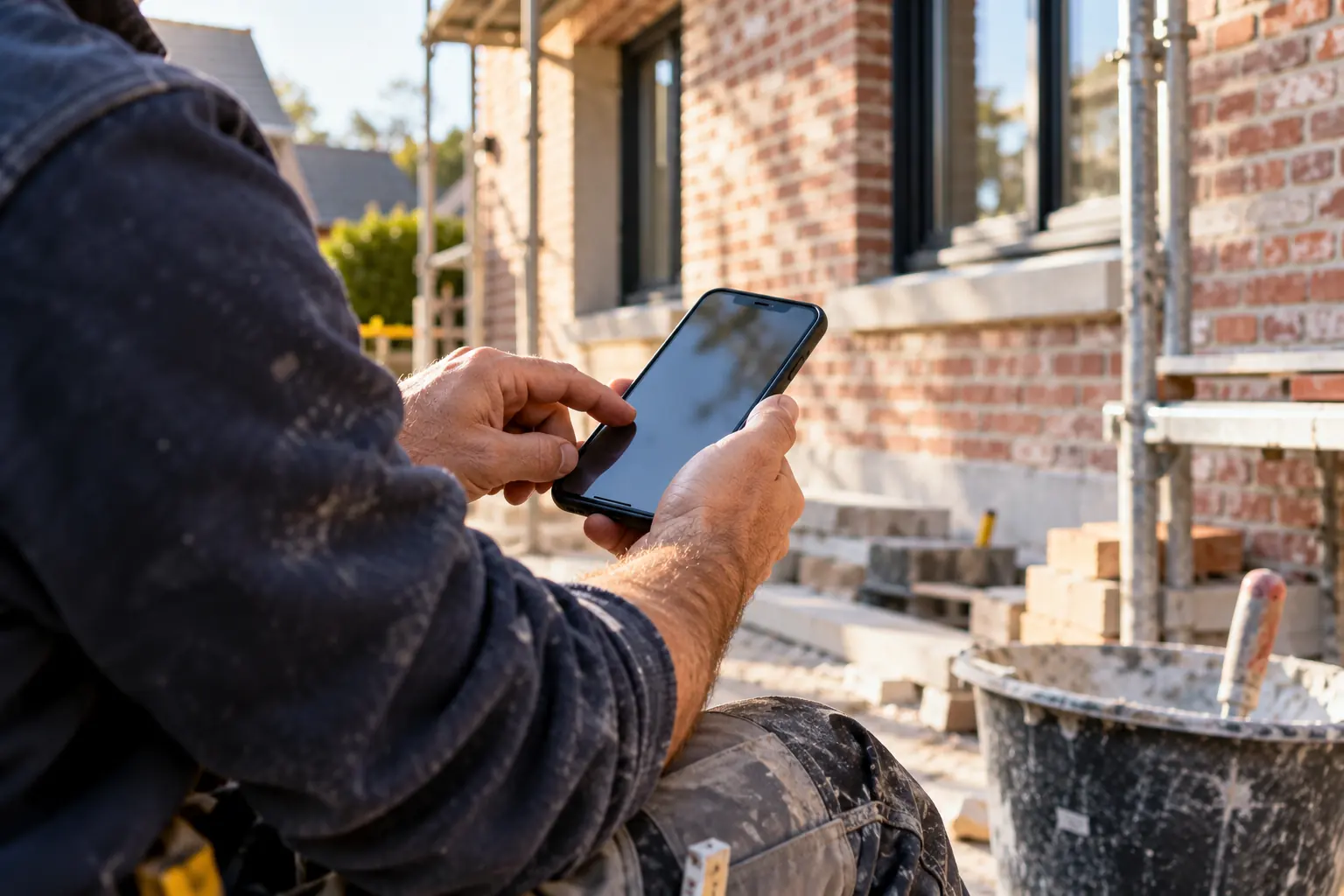 Mains d'un artisan tenant un smartphone devant une maison en briques en chantier, avec échafaudage et seau de mortier