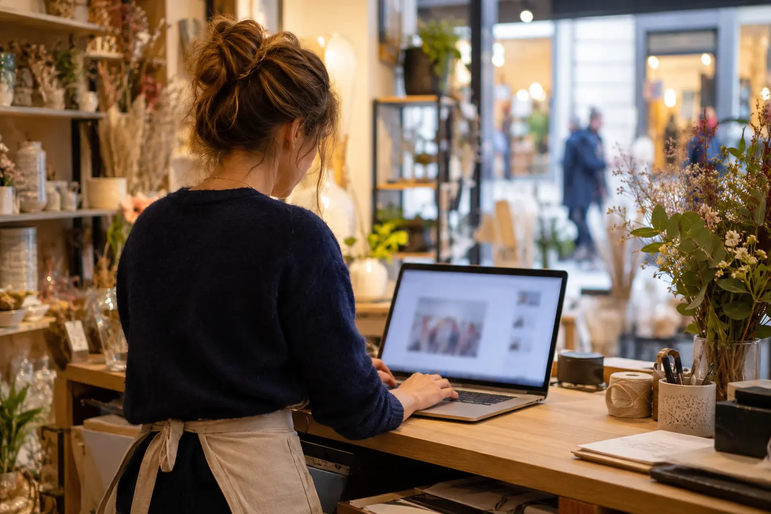 Commerçante vue de dos en tablier travaillant sur un ordinateur portable posé sur le comptoir de sa boutique de décoration