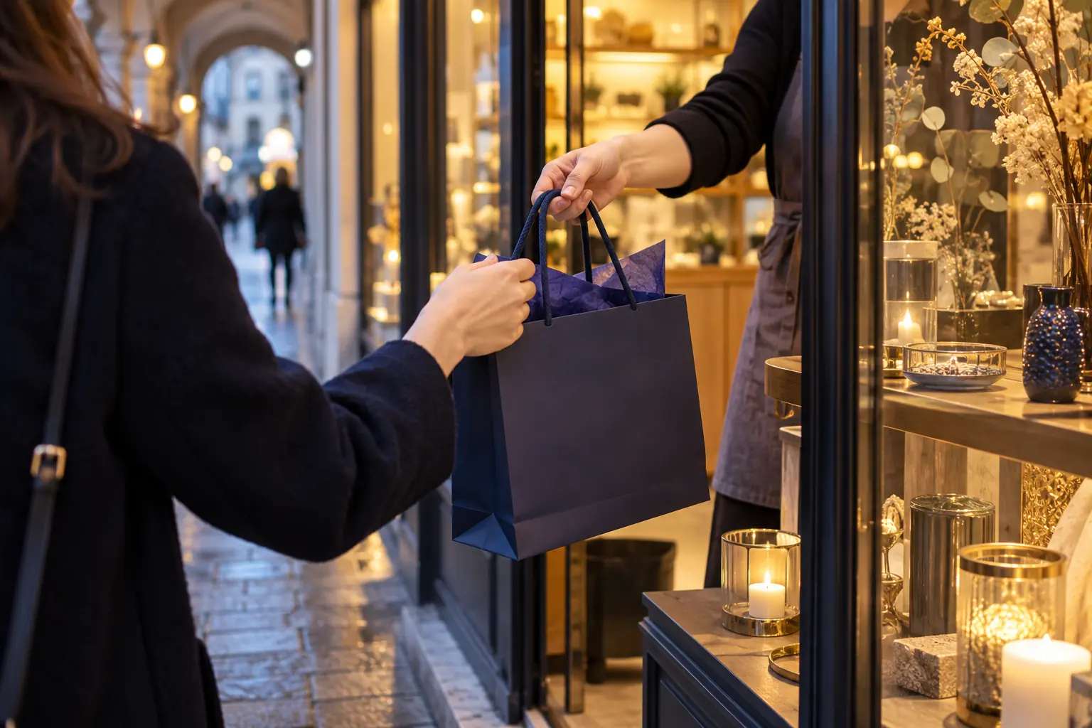 Commerçante tendant un sac à une cliente sur le seuil de sa boutique éclairée, dans une rue piétonne en soirée