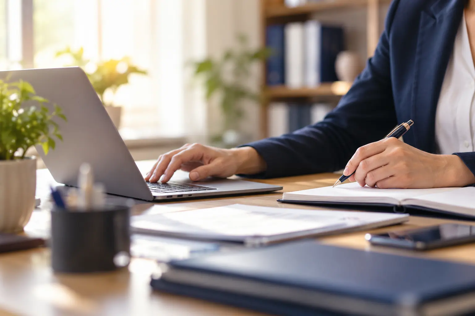 Professionnelle en tailleur tapant sur un ordinateur portable tout en écrivant dans un carnet, sur un bureau lumineux de cabinet