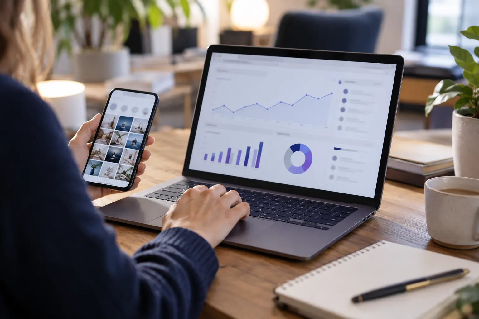 Personne tenant un smartphone affichant une grille de photos tout en consultant des graphiques de statistiques sur un ordinateur portable