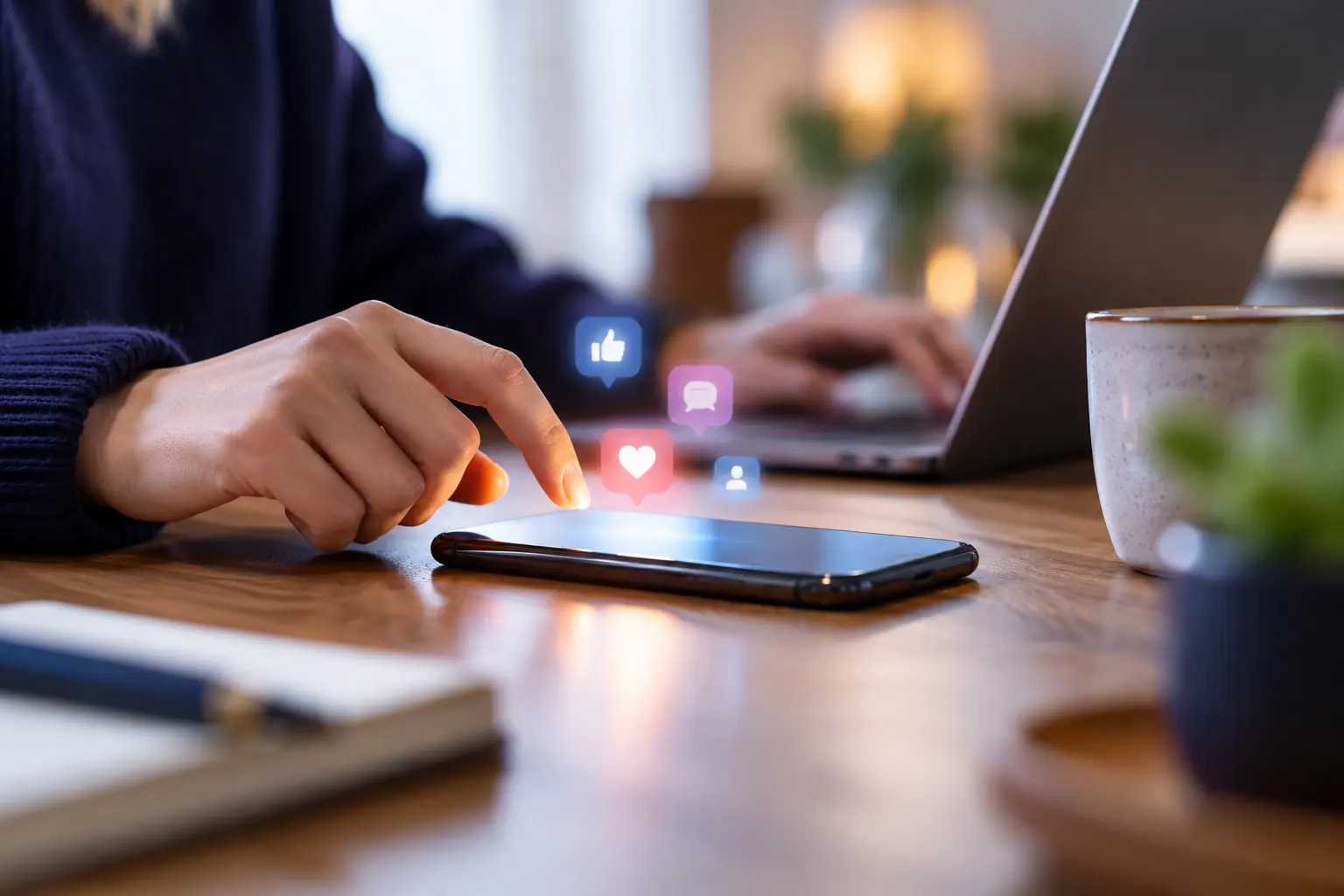 Doigt touchant un smartphone posé sur une table en bois, entouré d'icônes de mentions j'aime et de commentaires